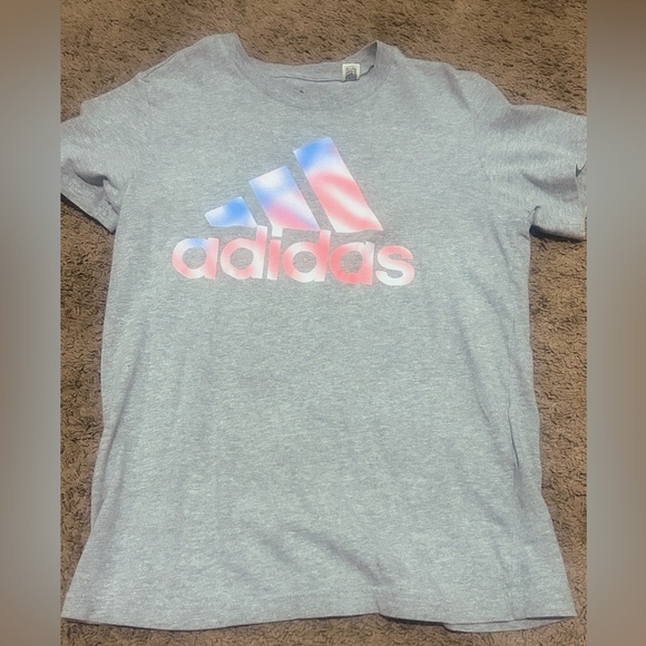 Adidas Heather Gray Tee with Red and Blue Logo - Picture 1 of 2